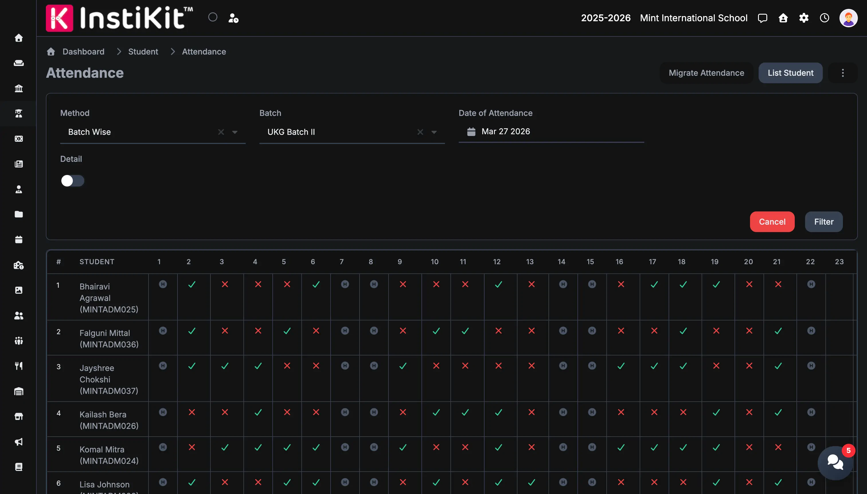 InstiKit Attendance screen