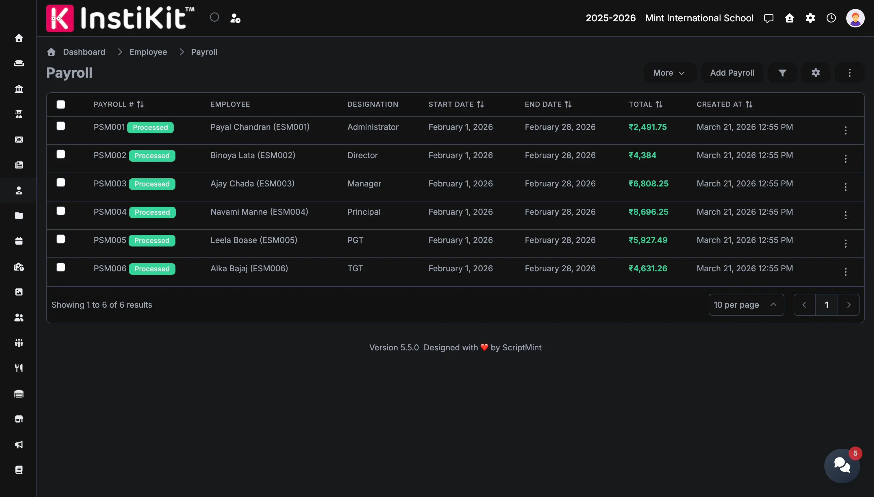 InstiKit Payroll screen
