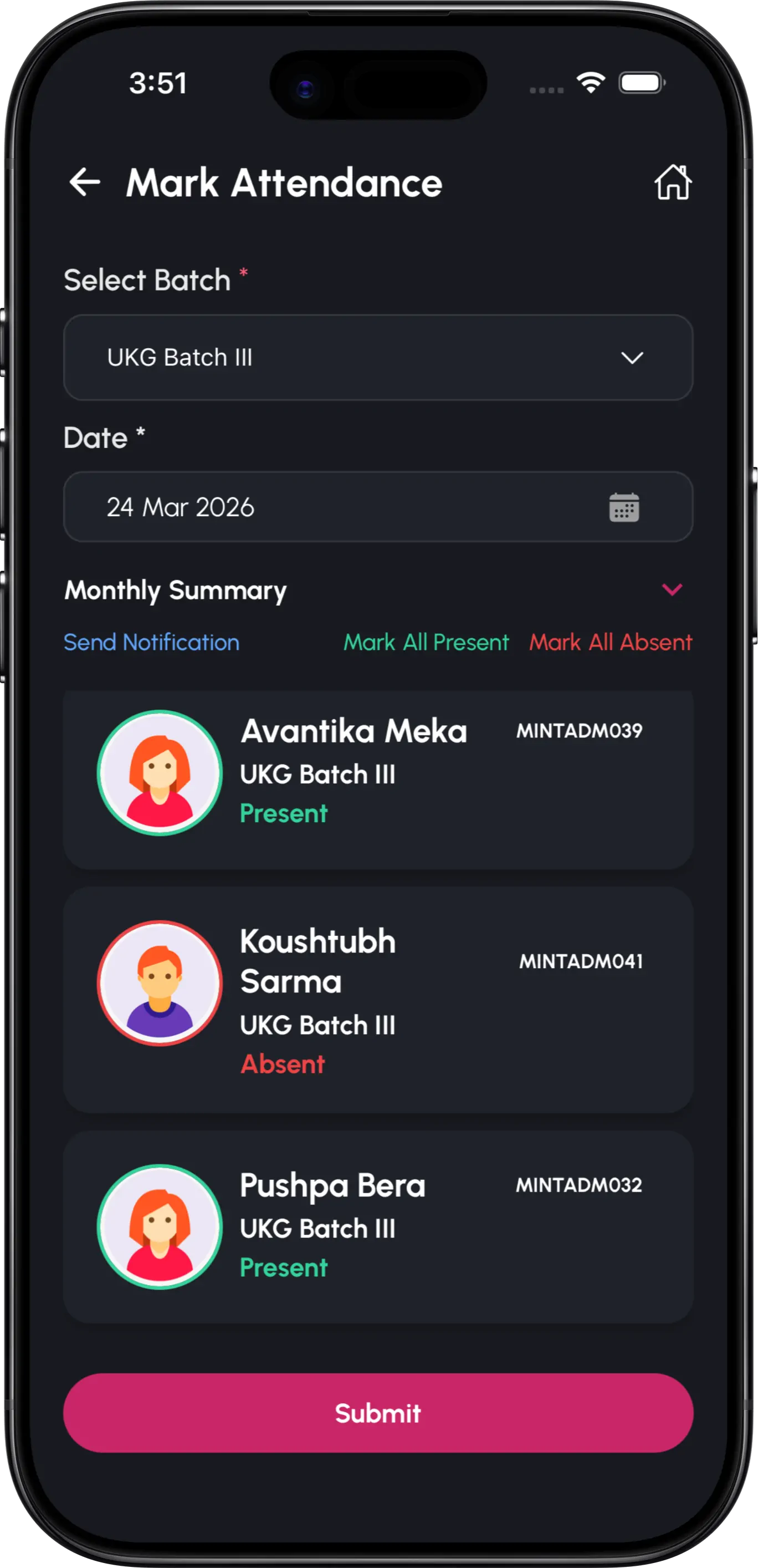 InstiKit Student Attendance screen