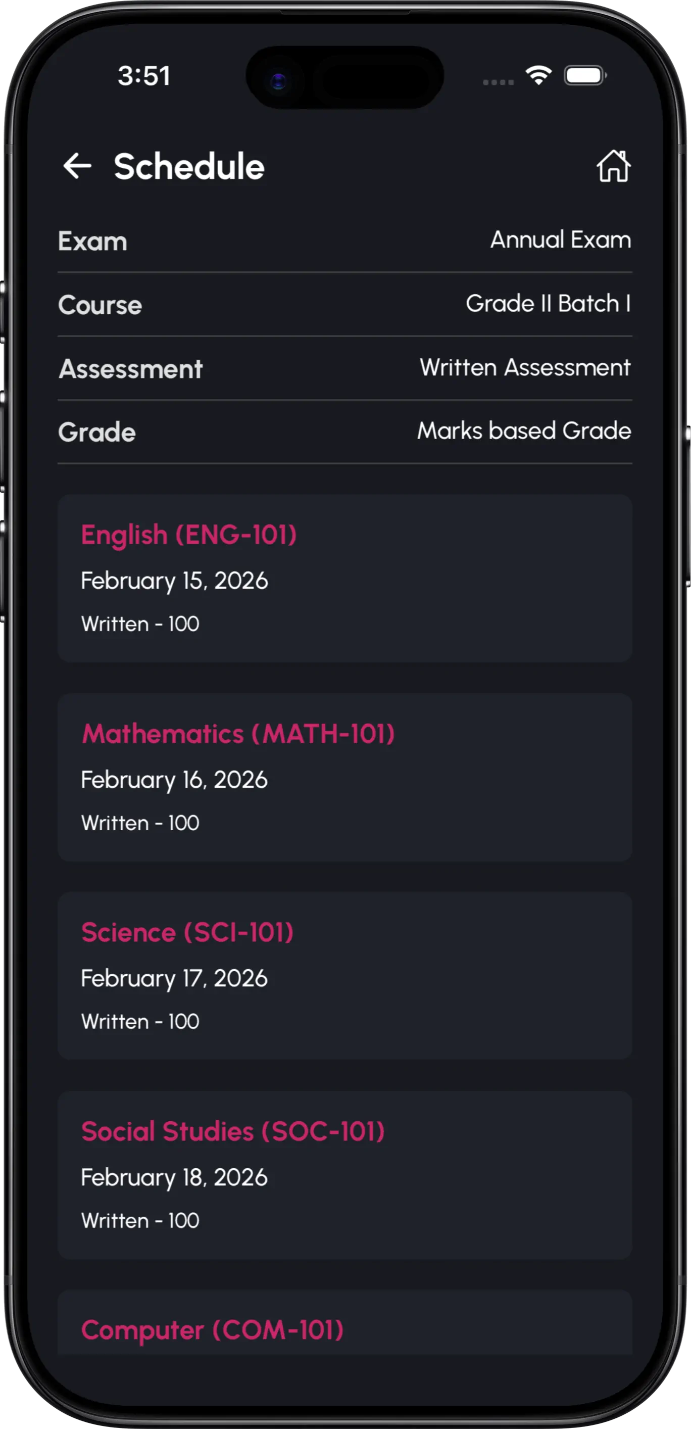 InstiKit Exam Schedule screen