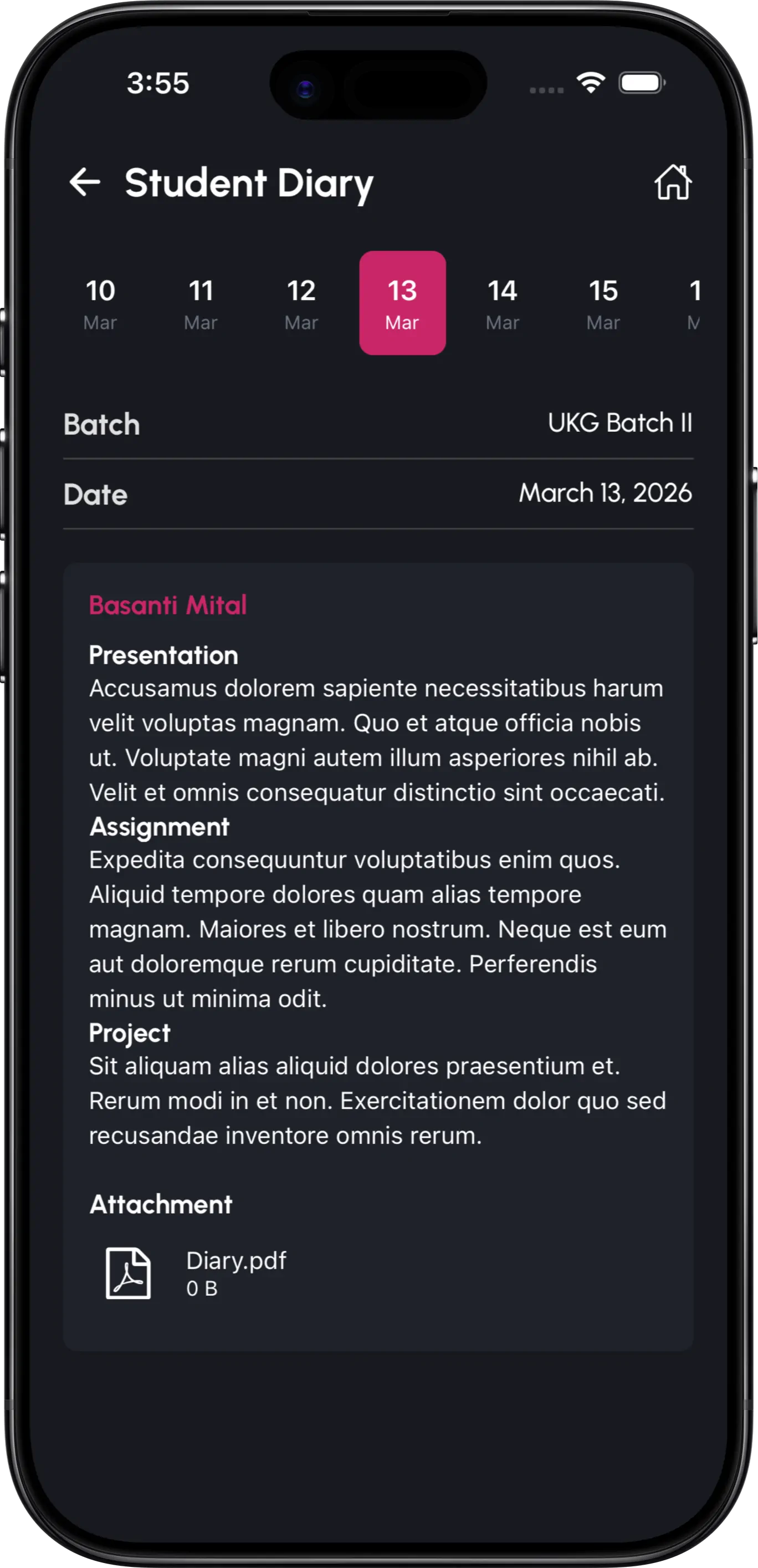 InstiKit Student Diary screen