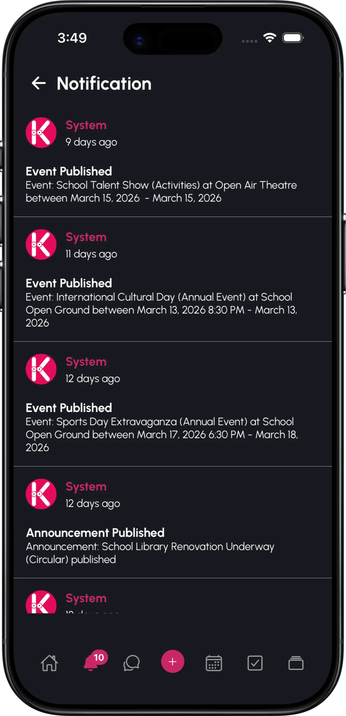 InstiKit Notification screen