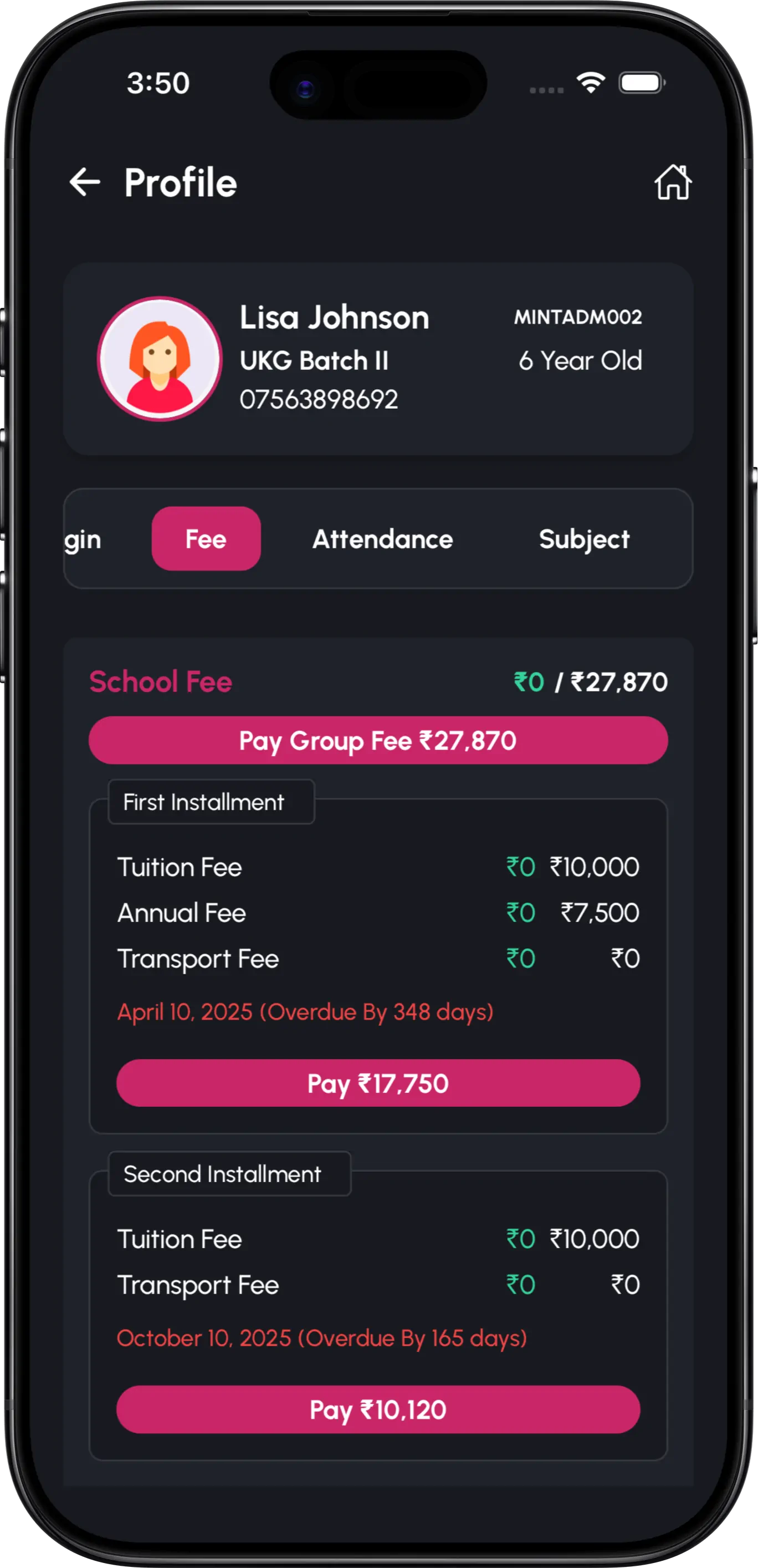 InstiKit Student Fee screen