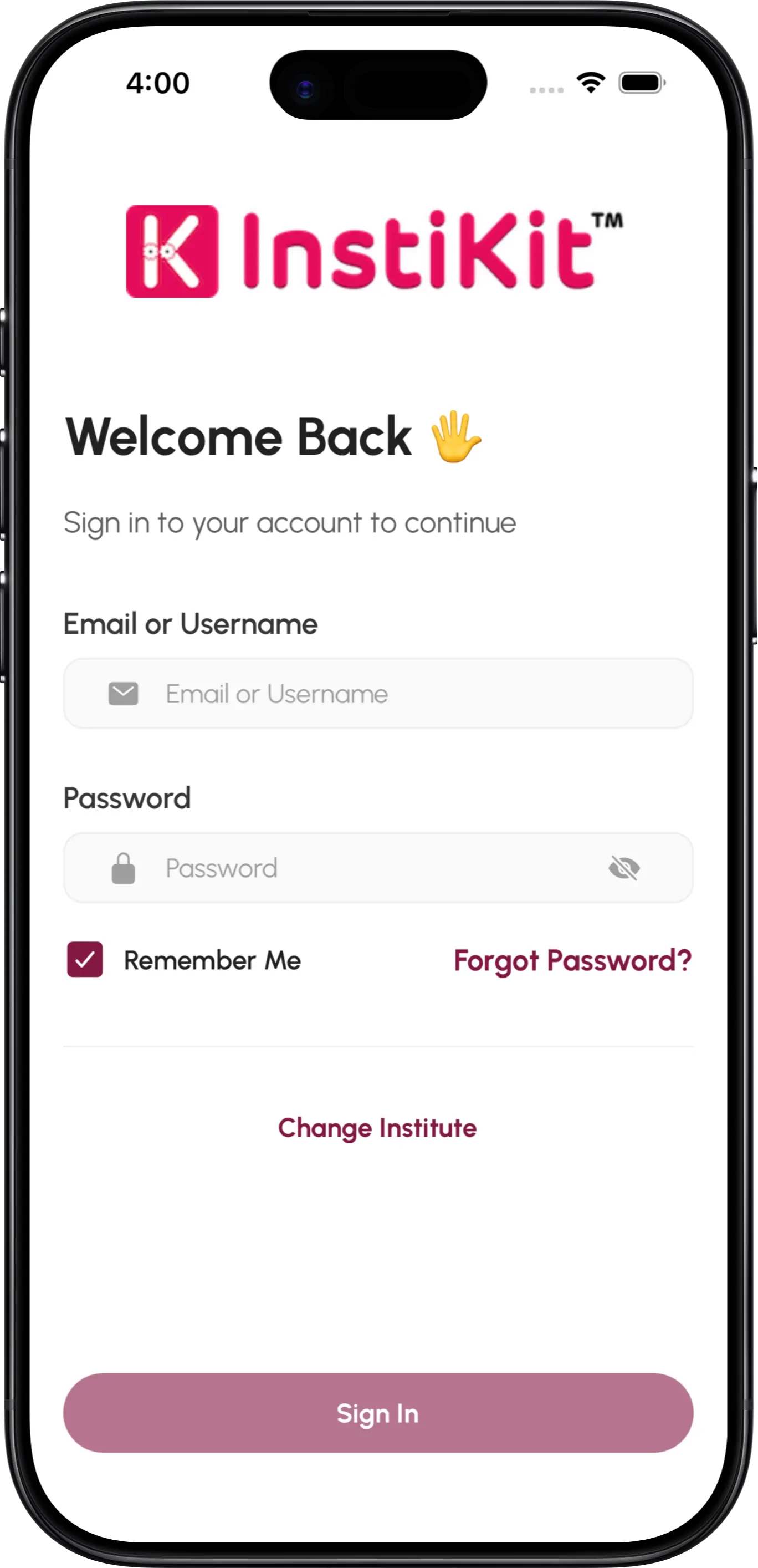 InstiKit Login screen