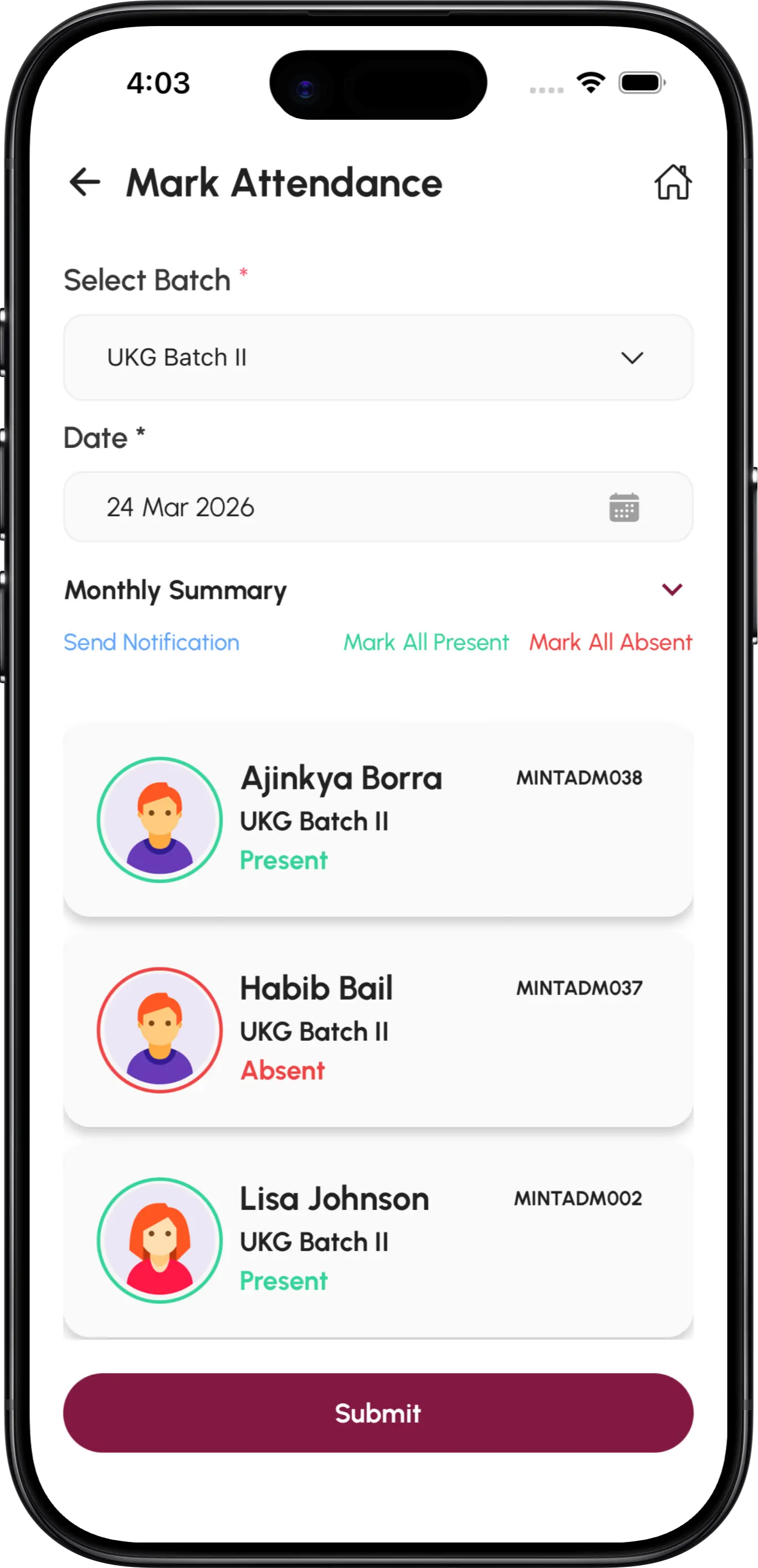 InstiKit Student Attendance screen