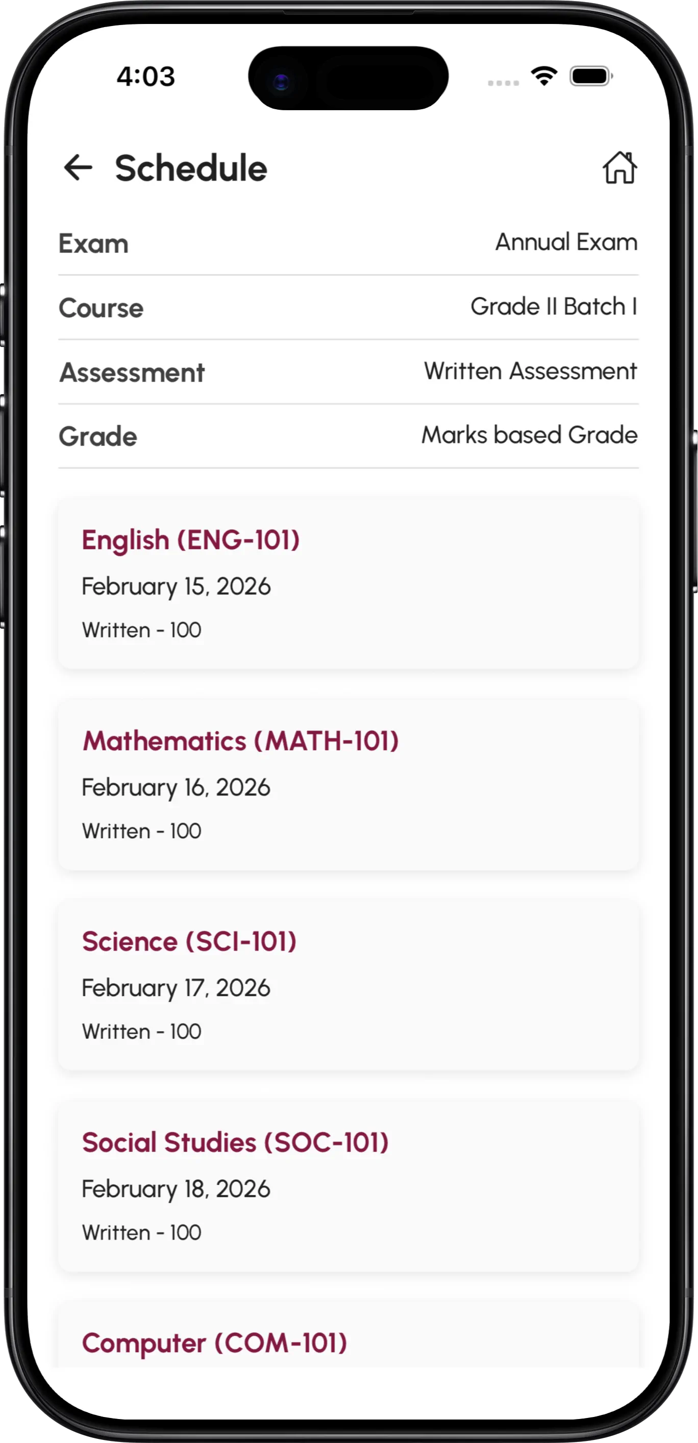 InstiKit Exam Schedule screen