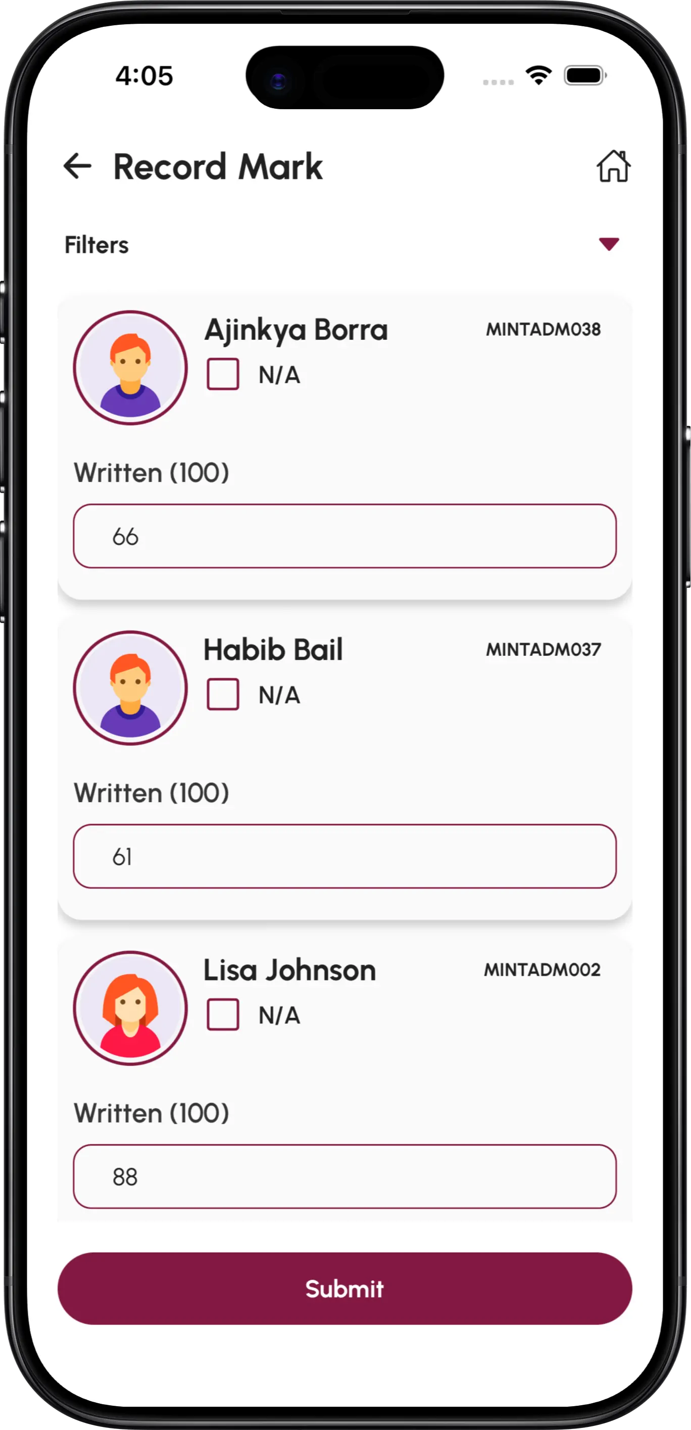 InstiKit Record Marks screen