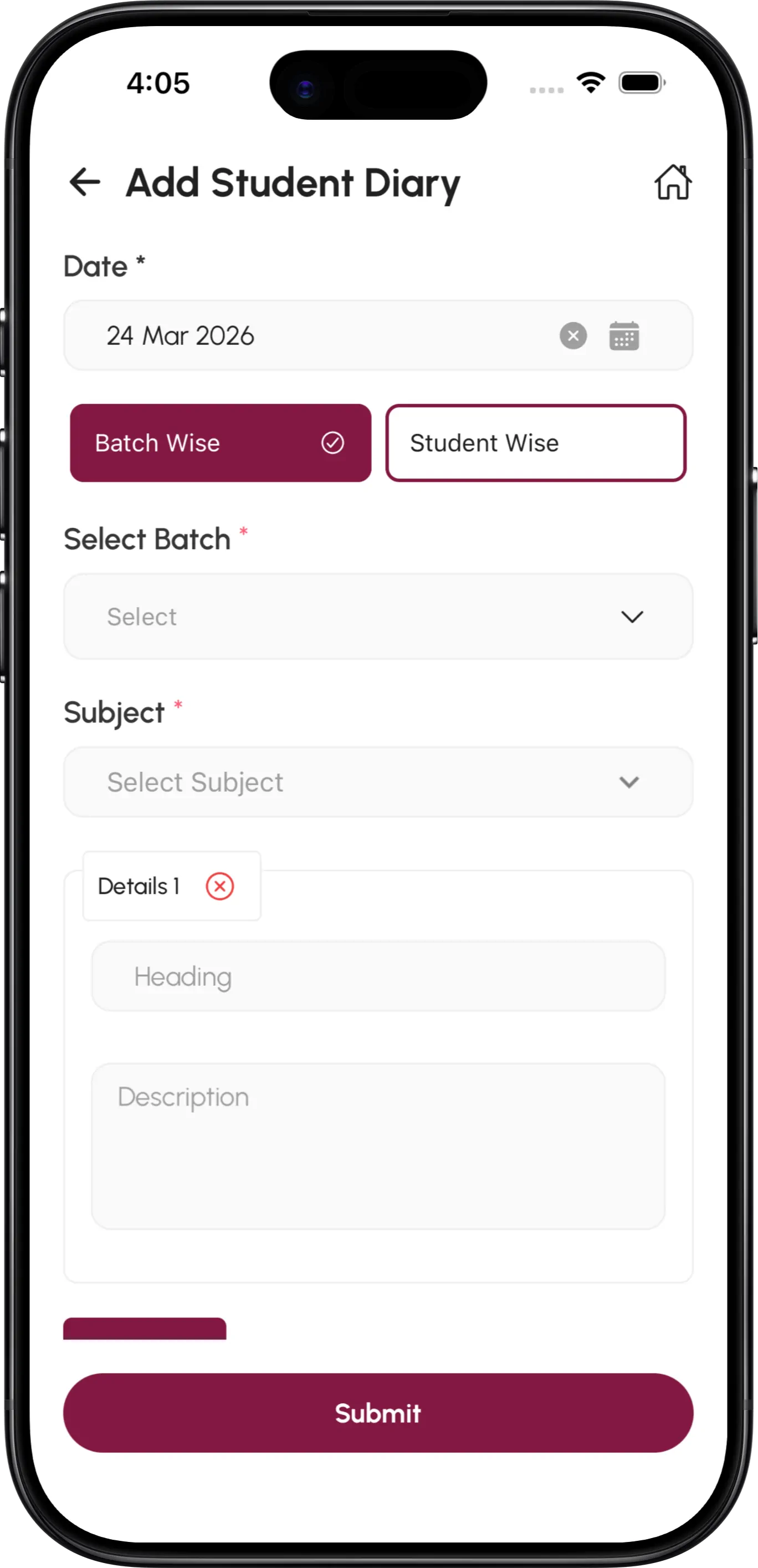 InstiKit Diary Form screen
