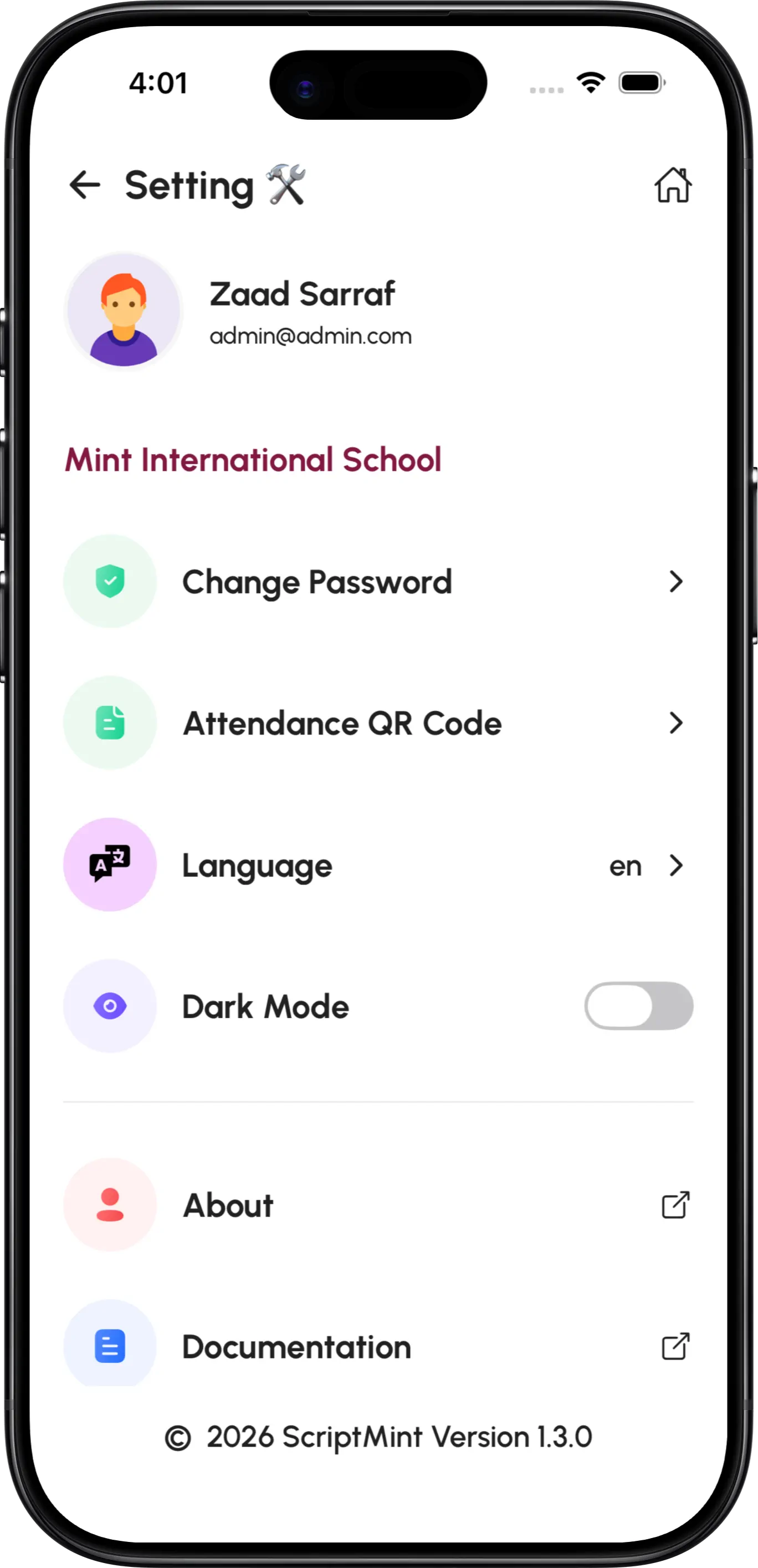 InstiKit Setting screen