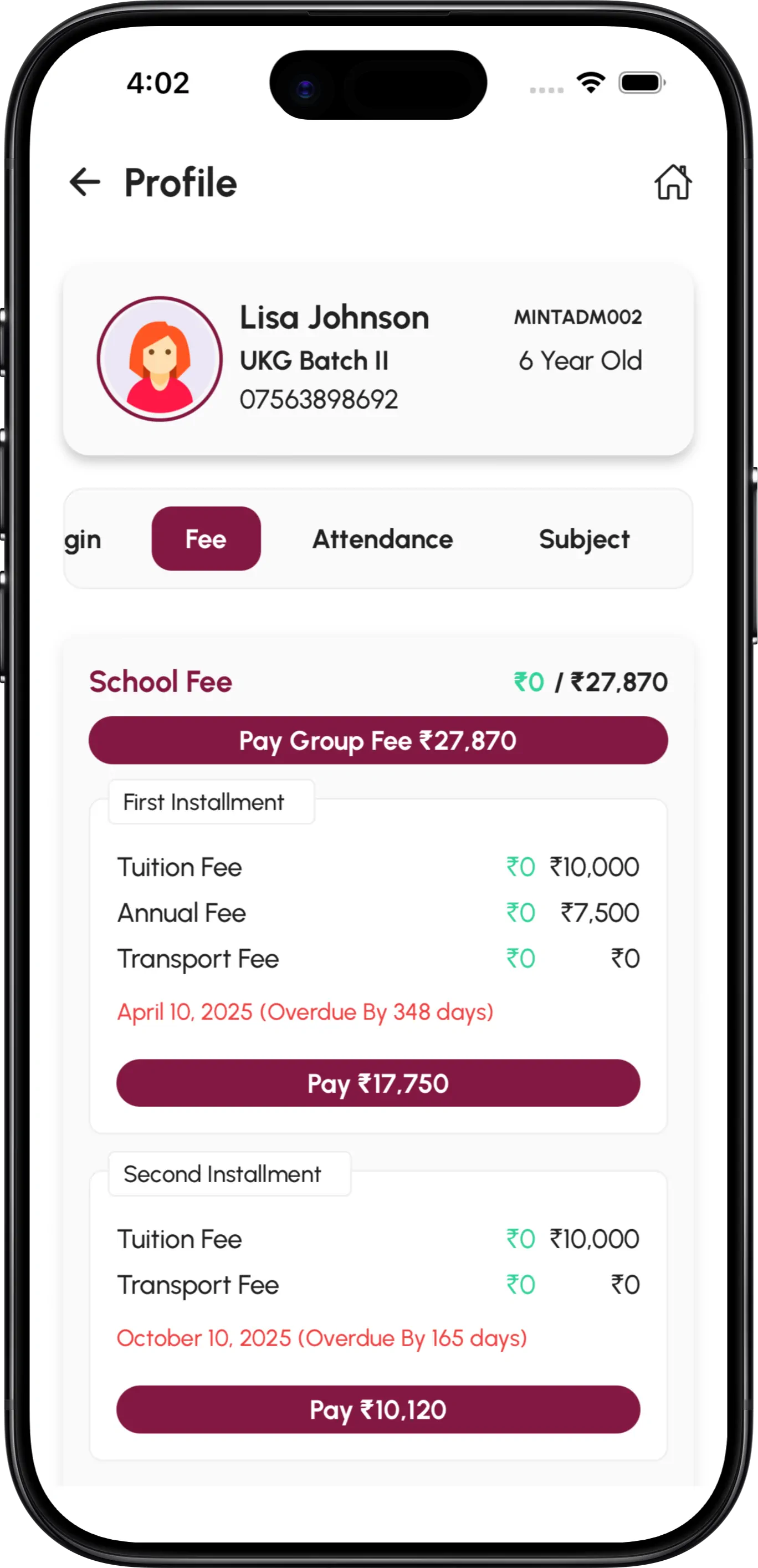 InstiKit Student Fee screen
