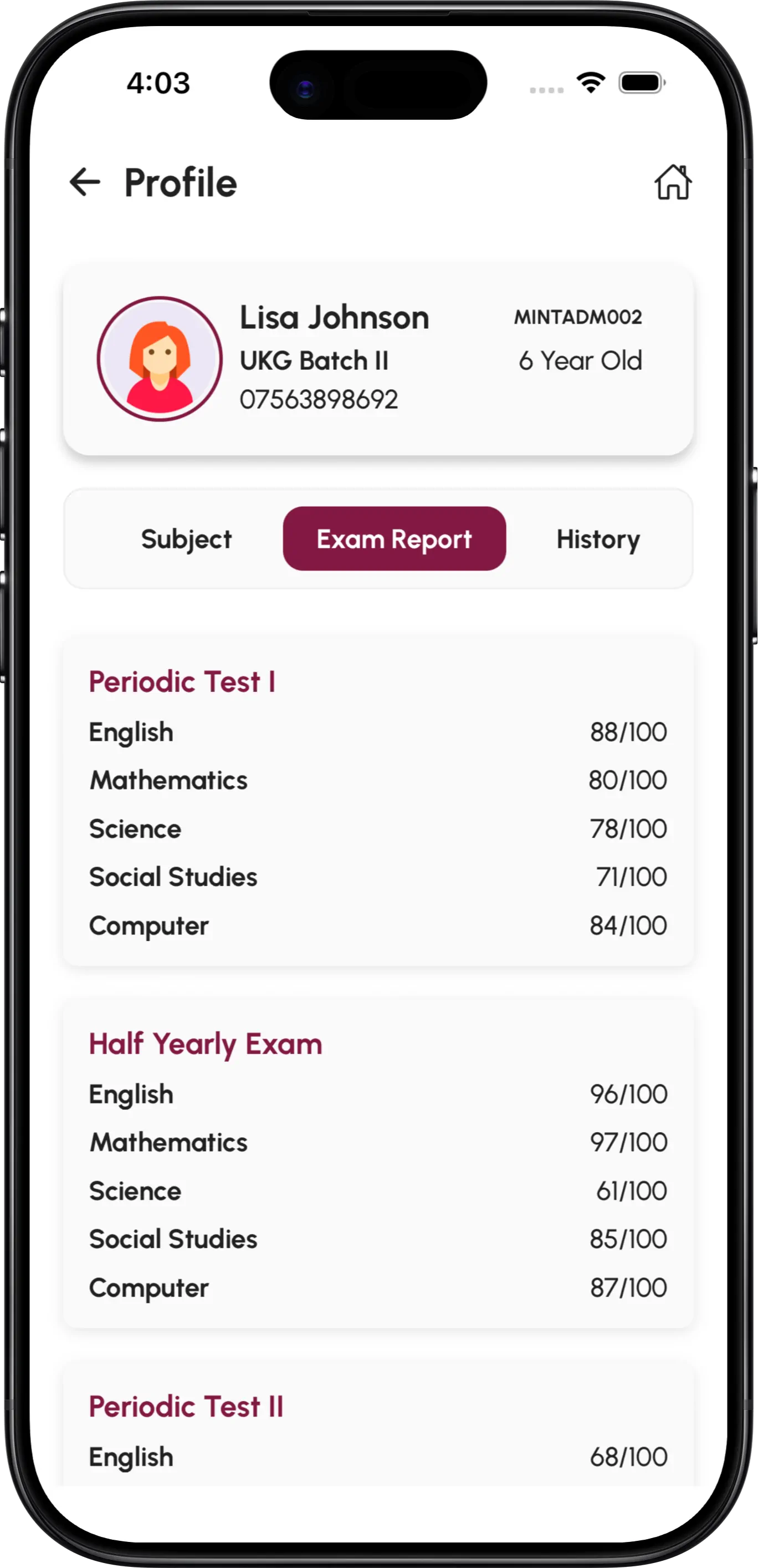 InstiKit Exam Marks screen